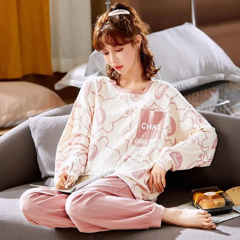 Женские пижамные комплекты с длинными рукавами, хлопковая одежда для сна, весенне-осенний пуловер, ночная рубашка больших размеров, зимняя повседневная простая домашняя одежда, милый пижамный костюм с героями мультфильмов