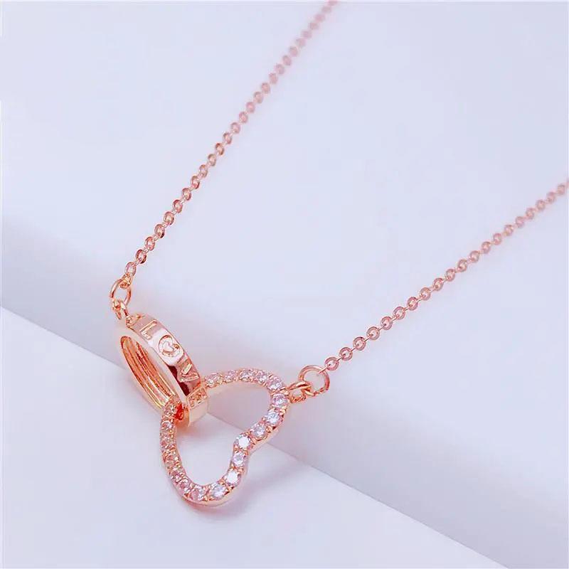 Фиолетово-золотой роскошный сверкающий бриллиант двойное кольцо ожерелье любви с покрытием из розового золота золотая нишевая цепочка