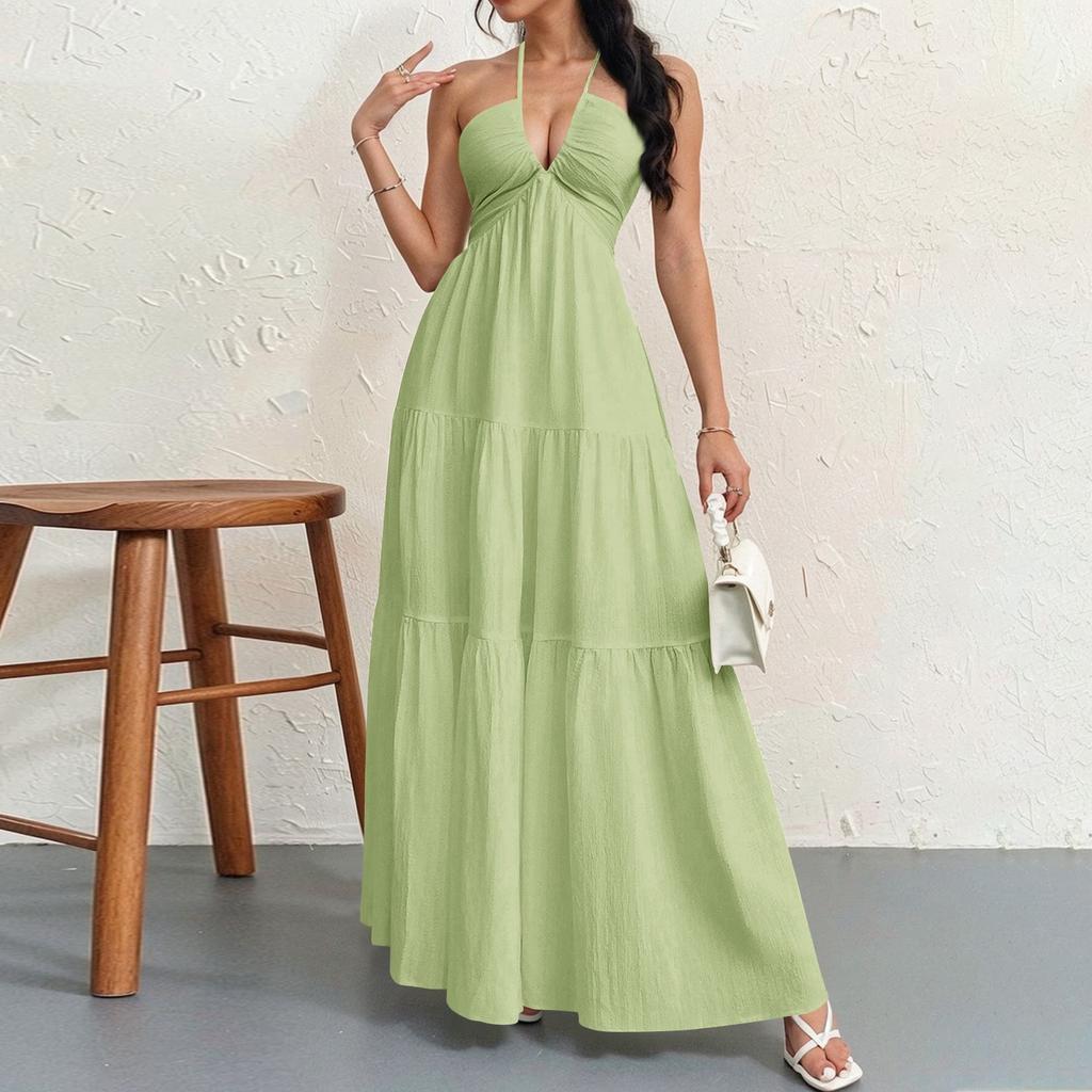 Women's Summer Casual Fashion Solid Color Dresses V-Neck Sleeveless Dresses
