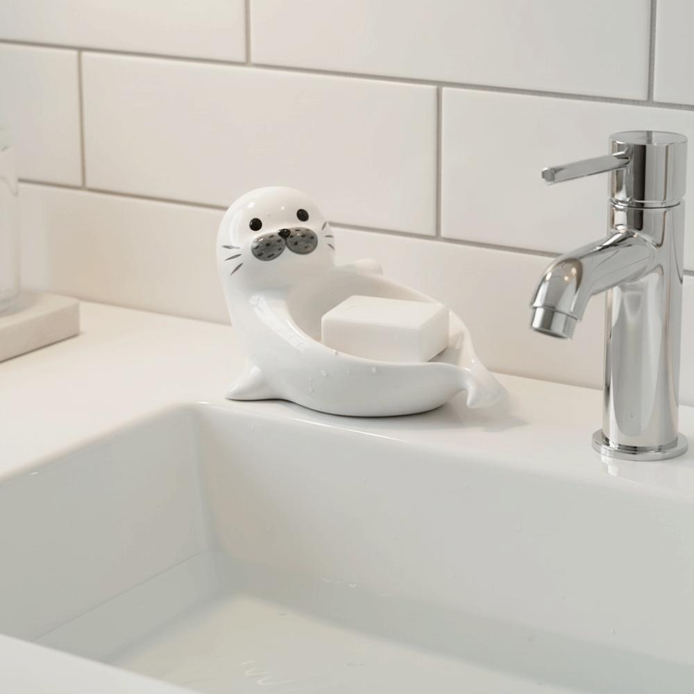 Cute Self Draining Soap Holder Drainable Bathroom Decor Organizer Sea Lion Soap Dish Household