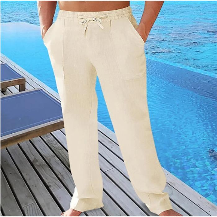 Мужские повседневные летние дышащие брюки с кулиской на поясе, карманами, из хлопка и льна, пляжные брюки
