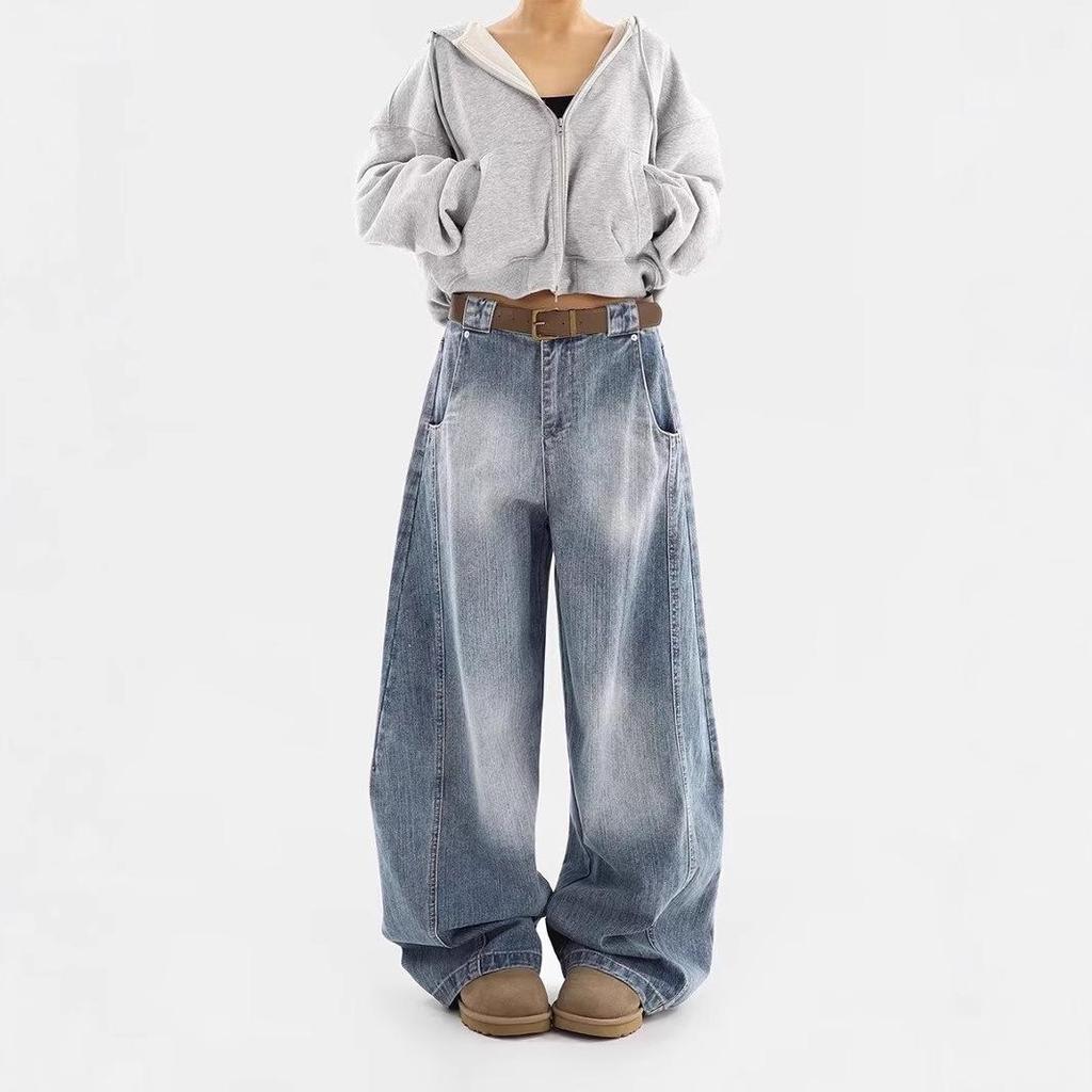 Retro Washed Distressed Loose Fit Jeans - Women's Autumn/Winter Curved Straight Leg Wide Pants