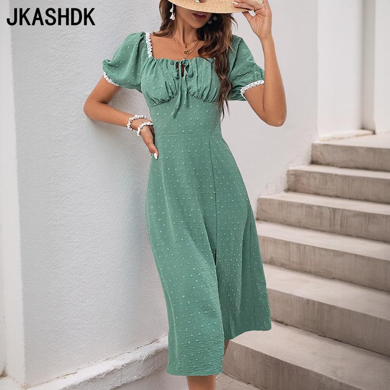 JKASHDK Женская мода на лето и весну, однотонное повседневное платье с коротким рукавом и квадратным воротником с высокой талией