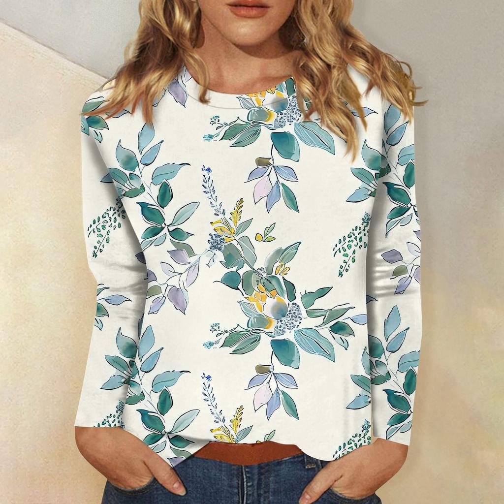Женская мода повседневный топ с длинным рукавом с цветочным принтом и круглым вырезом
