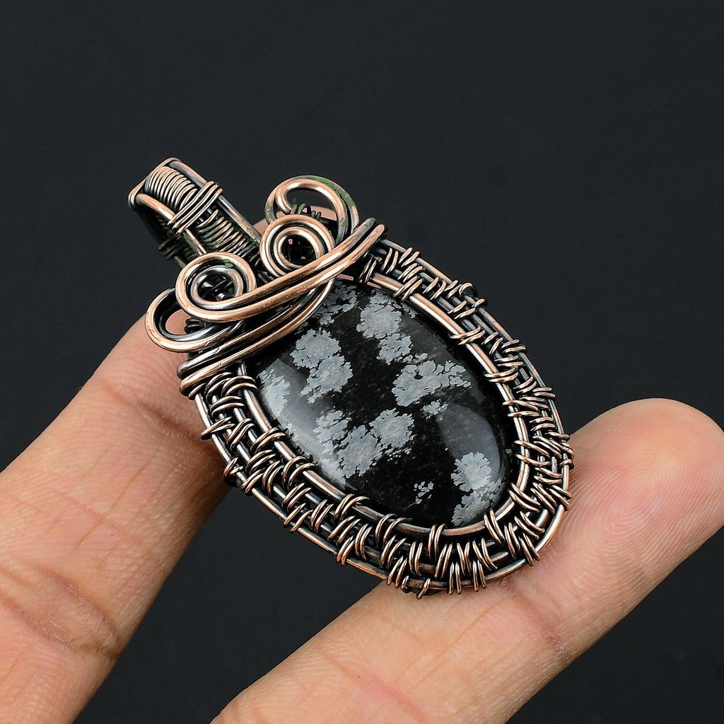 Snowflake Obsidian Pendant, 999 Copper Wire Wrapped Gemstone Handmade Dainty Jewelry Pendant, For Her