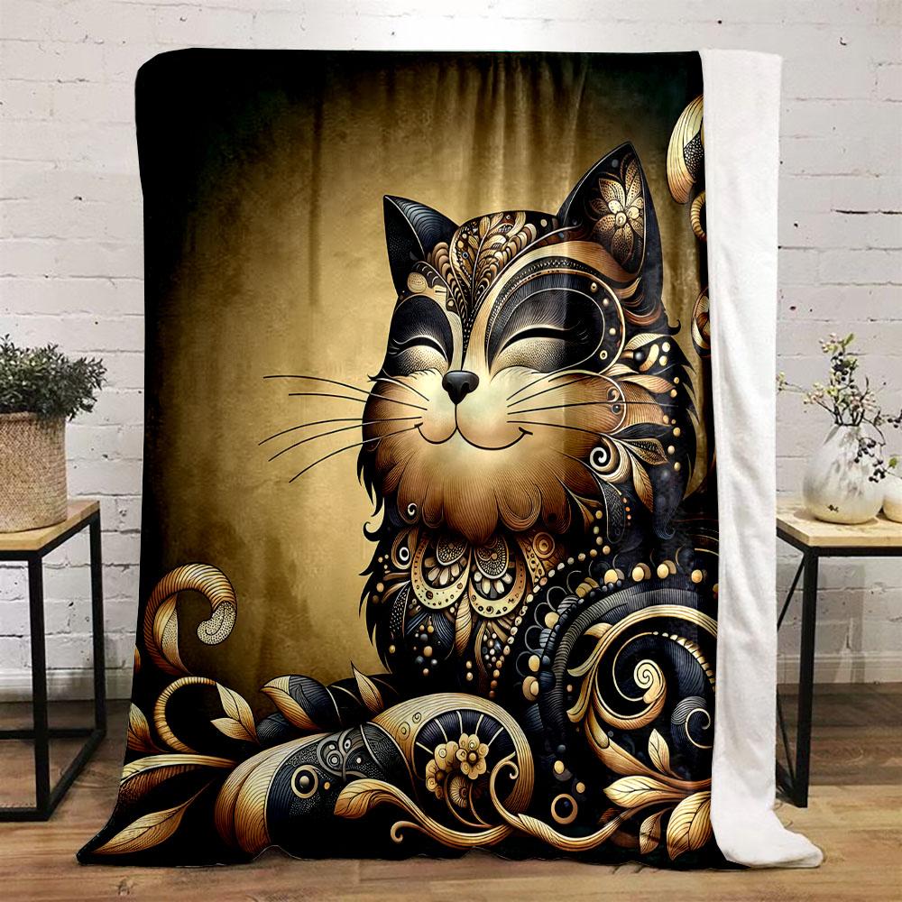 Golden Ornamental Cat Design Patterned flannel blanket perfect for the bedroom living room, sofa, or a little nap