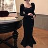 2021 Winter Vintage Mermaid Dress Women Slim Party One Piece Dress Korean Fashion Long Sleeve Black Y2k Midi Dress Lady Elegant