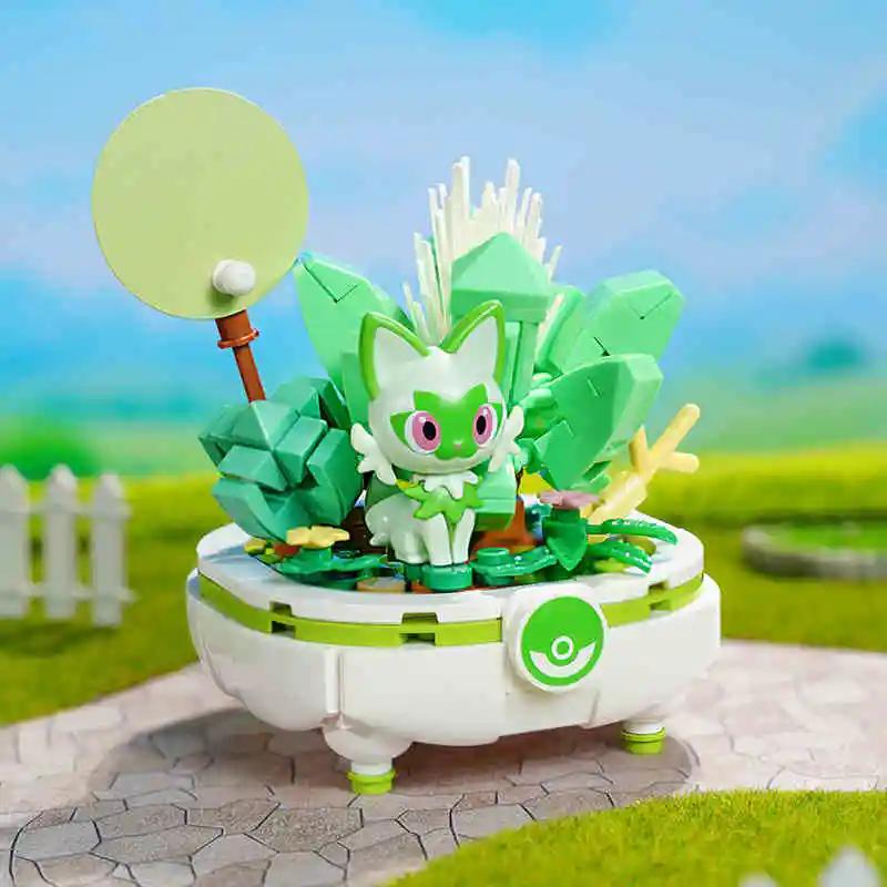 Non-Toxic Pokemon Building Blocks Pikachu Togepi Sylveon Sprigatito Flower Plant Potted Bricks Toy Desktop Decoration Collection Kids Gift