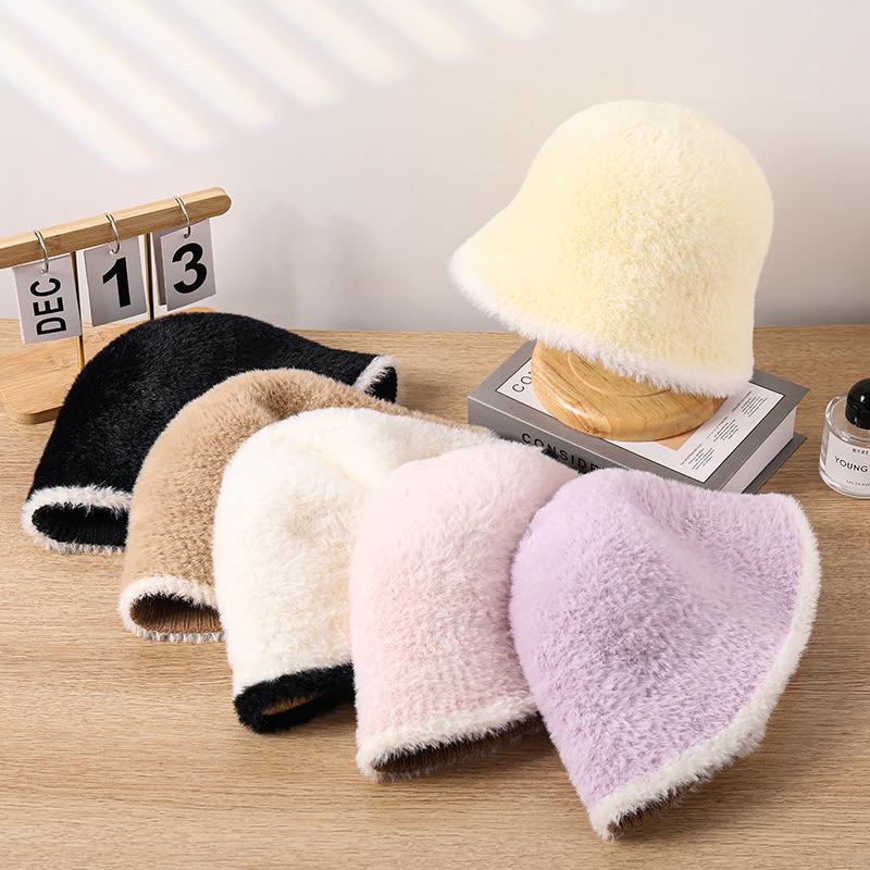 Rabbit Fur Hat Female Face Small Fluffy Bucket Hat Versatile Cold Warm Basin Hat Plush Bucket Hat