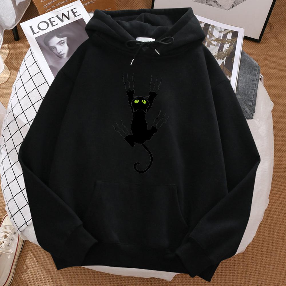 Naughty Black Cat Print Women's Hooded Hip-hop Comfortable Sweatshirt Cartoon Soft Hooded Harajuku Sportswear