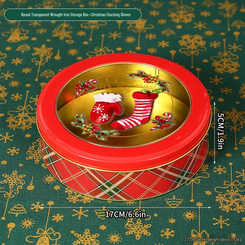 Круглая прозрачная жестяная коробка для рождественских подарков: печенья, конфет и шоколада.