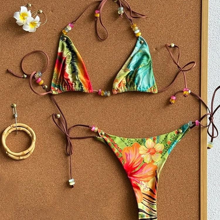 1011 European and American printed bikini strap neck beaded low waist sexy bikini