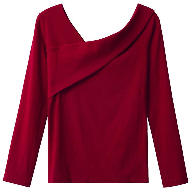 Spring New Foreign Style Sexy Off-the-shoulder Diagonal-neck Bottoming Shirt with Exposed Collarbone Inner Top Long-sleeved T-shirt Women