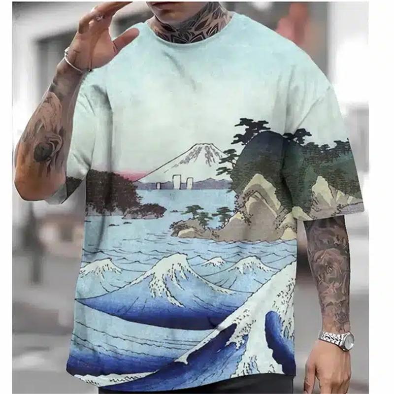 Japanese Ukiyo-E Printed Men's T-Shirt Vintage Summer Men's Short-Sleeved T-Shirt Oversized Round Neck Top Street Harajuku Tops