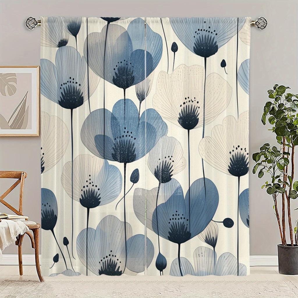 2Pc Fresh Floral Print Curtains, Polyester Fabric, Machine Washable, Suitable For Bedroom And Living Room Decoration