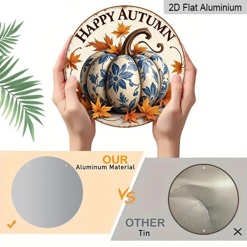 2D Flat, 1pc Round Aluminum Hanging Sign - Blue & White Pumpkin & Maple Leaf Rustic Farmhouse Decor, Vintage-Inspired Autumn Thanksgiving & Halloween