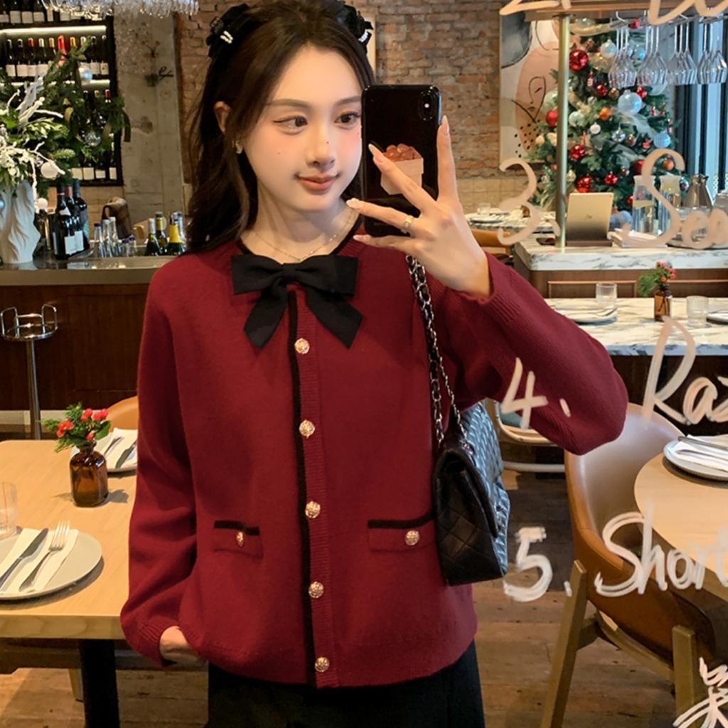 New Fashion Long Sleeve Elegant Knitted Cardigan Sweater Women Autumn Winter Bow Tie Casual Knitwear Cardigans Female Round Neck Loose Sweaters 24827