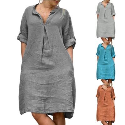 Женские хлопковые льняные повседневные платья с V-образным вырезом и длинным рукавом со скидкой