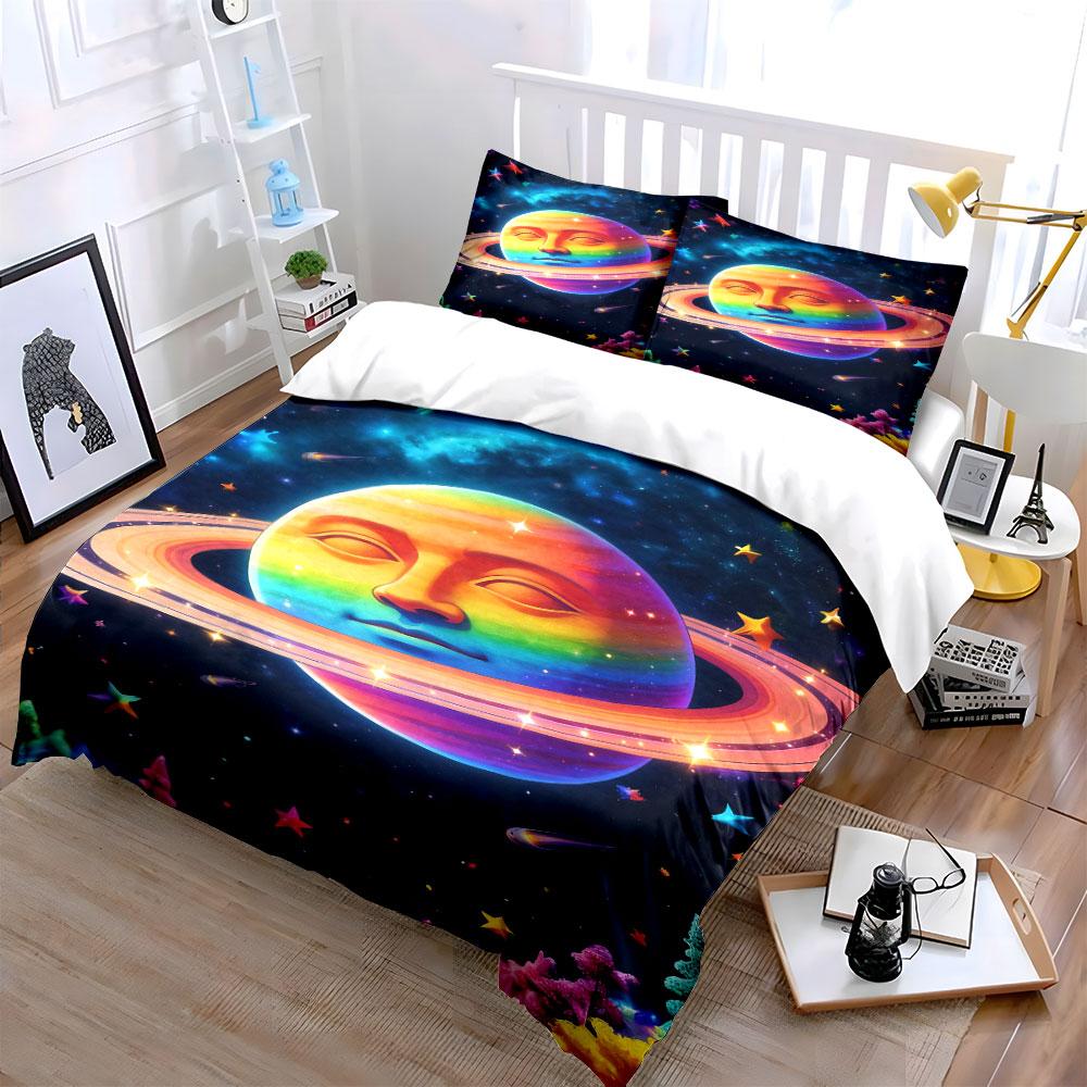 Rainbow planet with face. Bedding sets Duvet cover sets Duvet covers Pillowcases(1* Duvet Cover 2* Pillowcases without duvet insert)