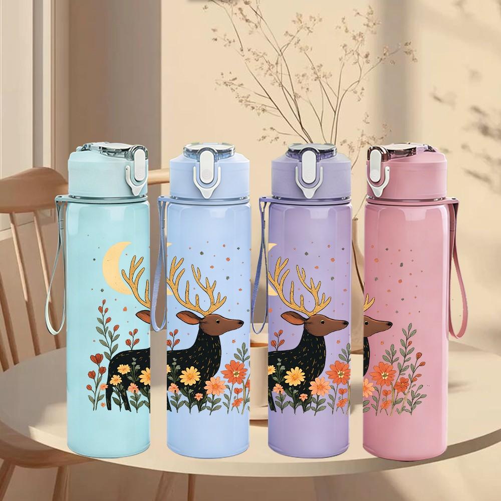 1PC Autumn Floral Stag Deer 750ml Color Plastic Sports Water Bottle Leakproof Flip Straw Lid Suitable for Sports Office Home Use