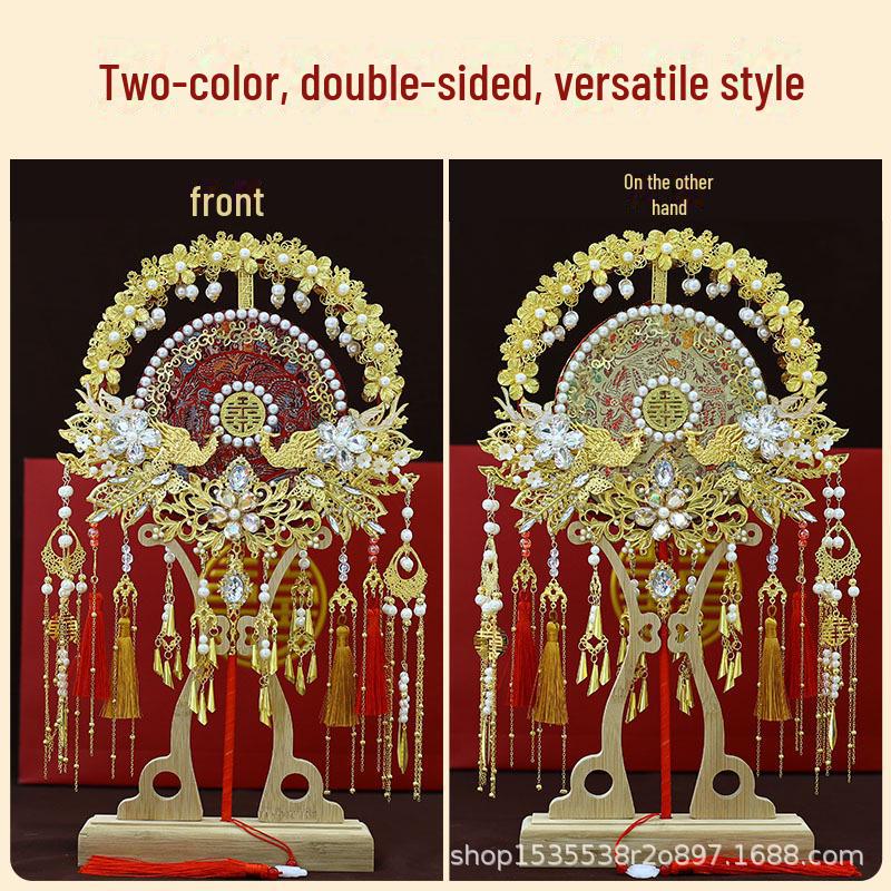 Красный кружевной свадебный круглый веер для одежды Xiuhe с двухсторонней маской своими руками - китайский стиль (9255)