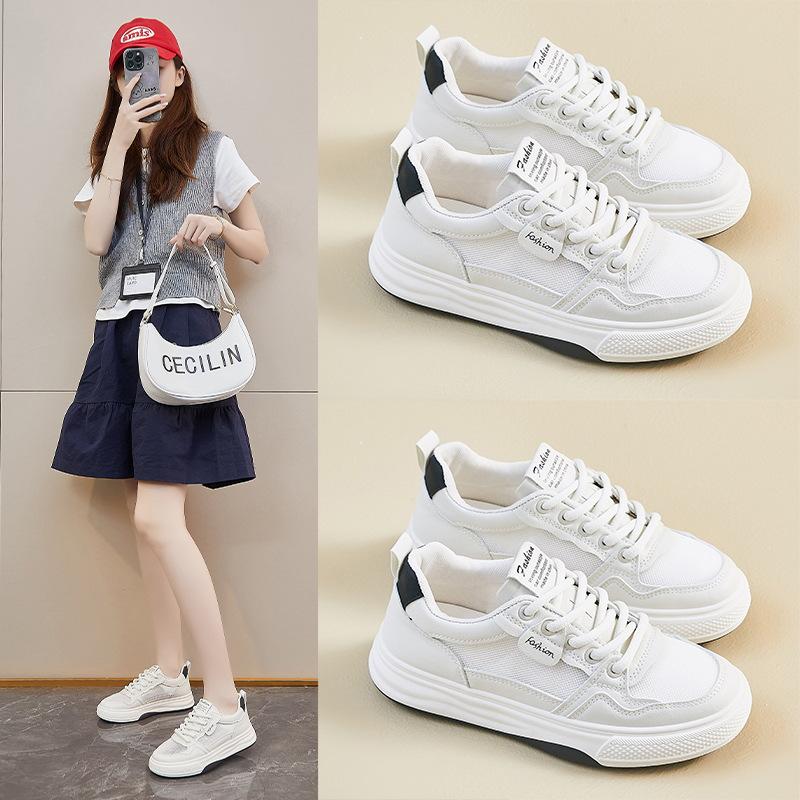 New Summer White Shoes for Female Students' Thick Sole Elevated Mesh Breathable Casual Shoes