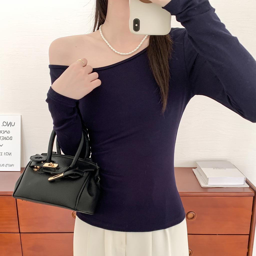 Новая женская футболка с длинным рукавом для чистой весны и осени, облегающая, с узким воротником, с открытыми плечами, облегающий низ, топ