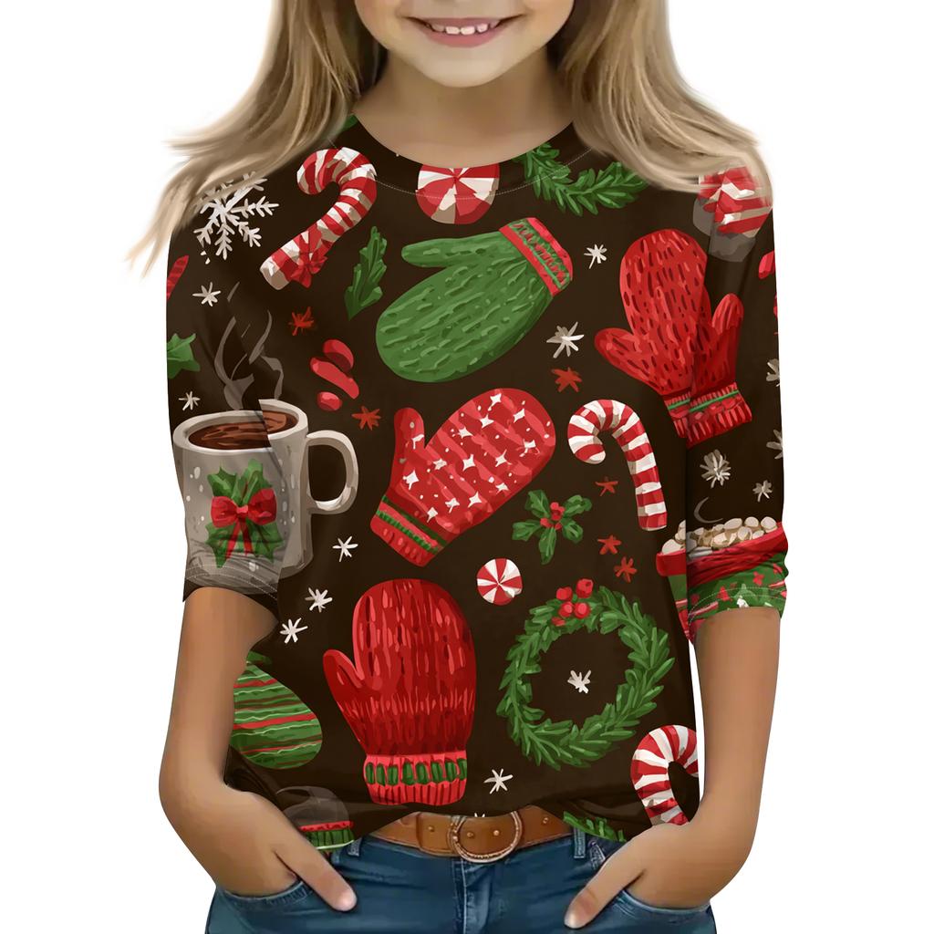 Children's 3/4 Sleeve Round Neck Top Christmas Tree Printed Everyday Casual Top