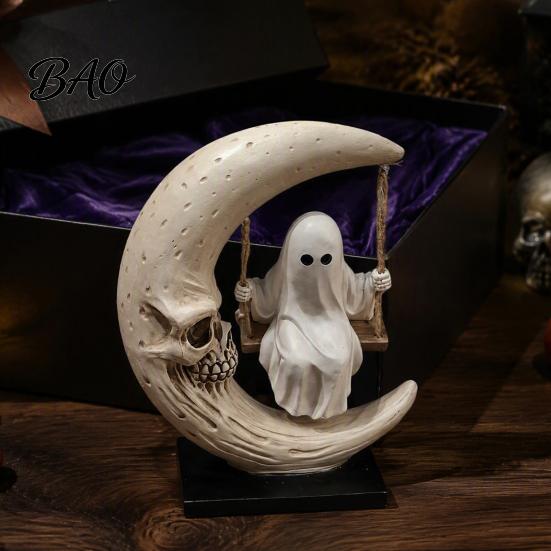 Personalized Birthday Present Halloween Ghost Swing Figurine, Spooky on A Moon Statue, Desk Decoration Resin Gothic Home for Desktop, Mantel,