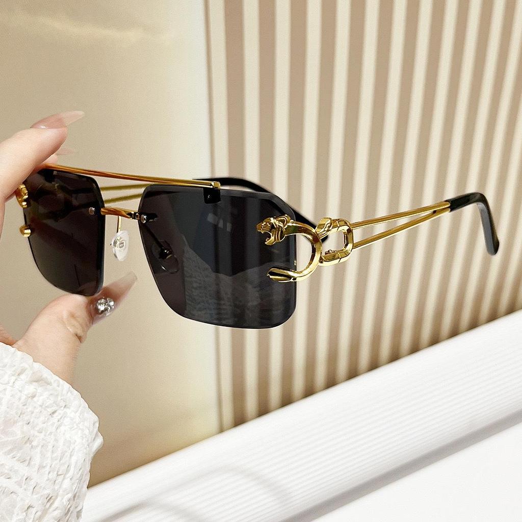 Stylish Frameless Leopard Square Sunglasses: Trendy Double-Beam Design for Men & Women