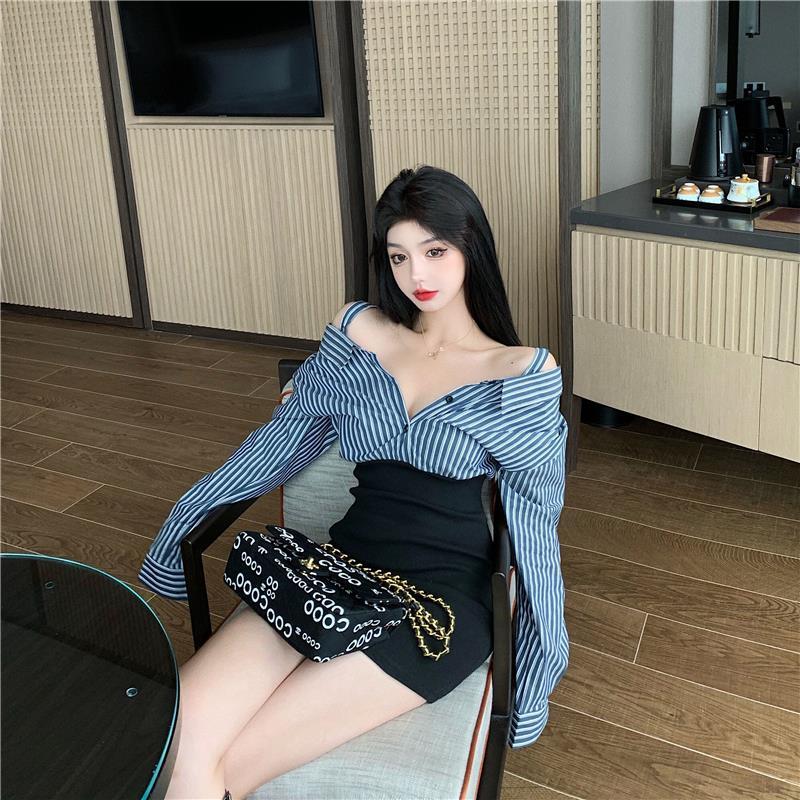 Spring Women's Off Shoulder Striped Shirt Dress White Patchwork All-match Female Streetwear Y2k Vintage Dresses