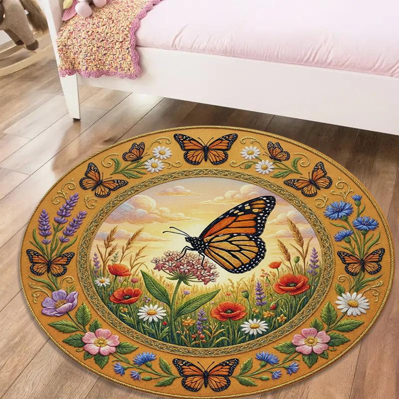 Retro Butterfly Round Area Rug,Carpet Rug for Living Room Bedroom Sofa Playroom Decor,Non-slip Floor Mat113