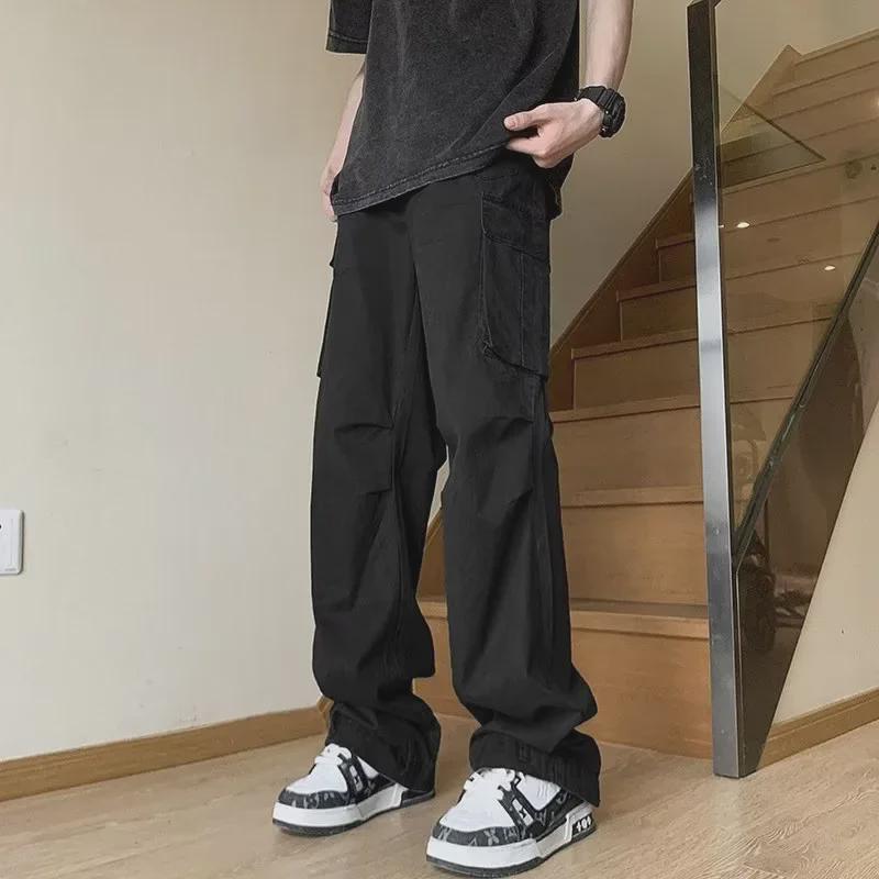 Мужская летняя уличная мода: Свободные повседневные брюки прямого покроя с широкими штанинами