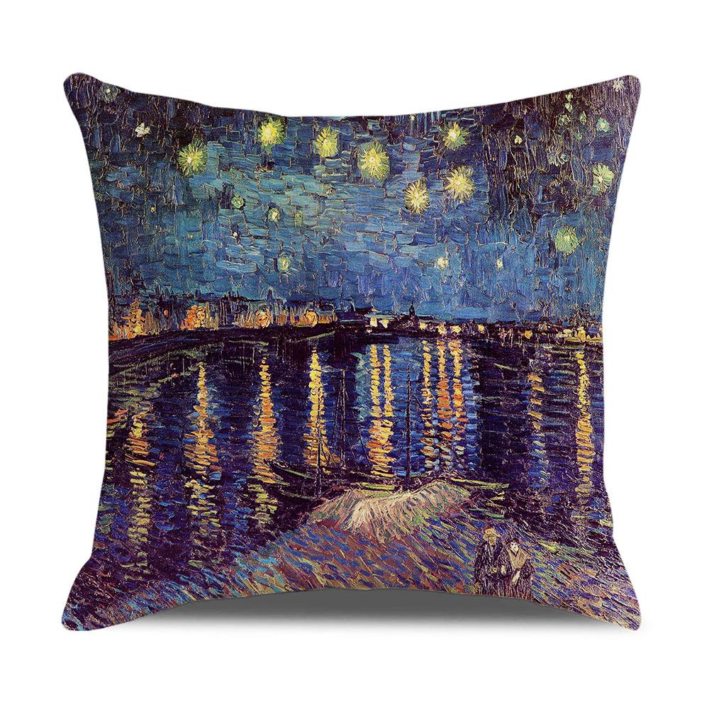 Linen Pillowcase Nordic Retro Van Gogh Oil Painting Watercolor Print Pillowcase New Home