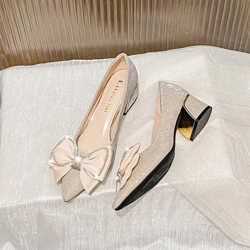 New Women Modern Pumps Spring Summer OL Pointed Toe Bowknot High Heels Shoes Shiny Rhinestones Dress Shoes 35-43
