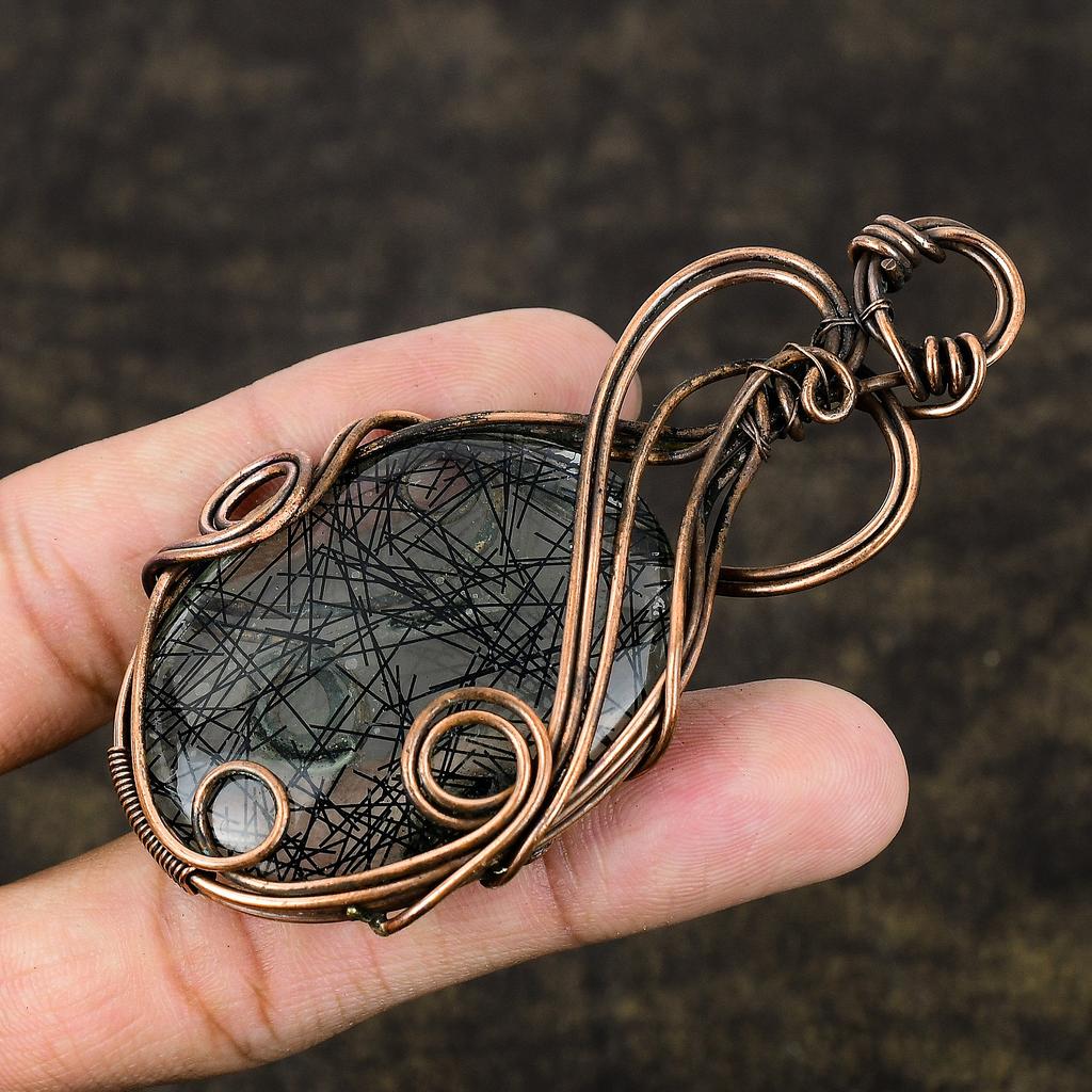Natural Black Rutile Gemstone Handmade Copper Wire Wrap Pendant 3.39 T7q46