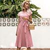 Women's Polka Dot Print Midi Dress Crewneck Short Sleeve A-Line Dress with Belt Summer Beach