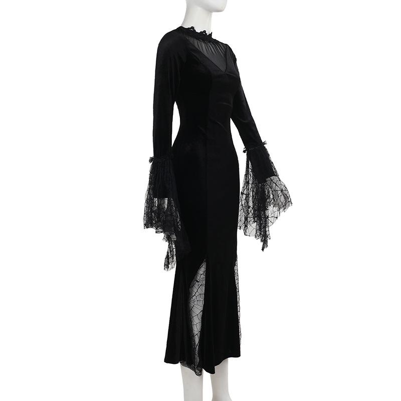 AltGoth готическое темное бархатное платье на Хэллоуин для женщин в винтажном стиле Fairy Grunge кружевное пэчворк с расклешенными рукавами и высокой талией вечернее платье