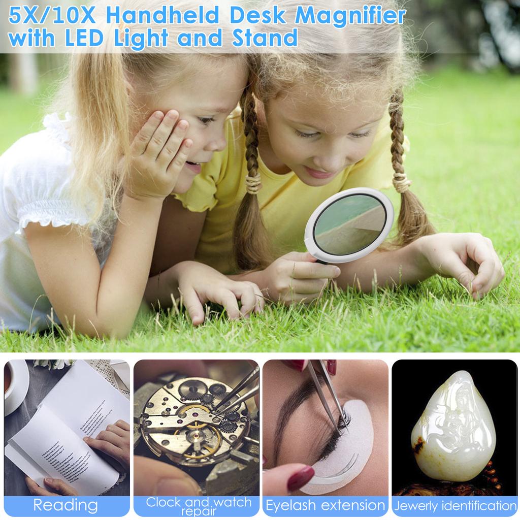5X/10X Handheld Desk Magnifier with LED Light and Stand USB Powered Illuminated Magnifying Glass
