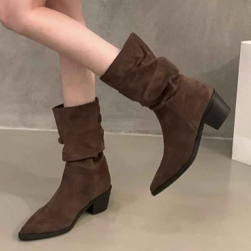 Зимние женские ботильоны на толстой подошве из замши с острым носком и складками на среднем каблуке 2025 года, классические готические туфли-лодочки Chelsea Botas De Mujer