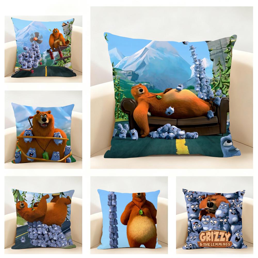 Cute Fun Cartoon GGrizzly And LLemmings Cushion Cover Linen Pillowcase Soft for Sofa Bed Home Room Decor