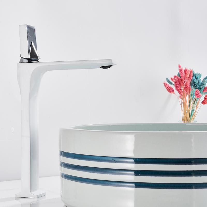 Bathroom Basin Sink Faucet Deck Mounted Square Brass Tall Mixer Single Handle Hot and Cold Water Mixer Tap