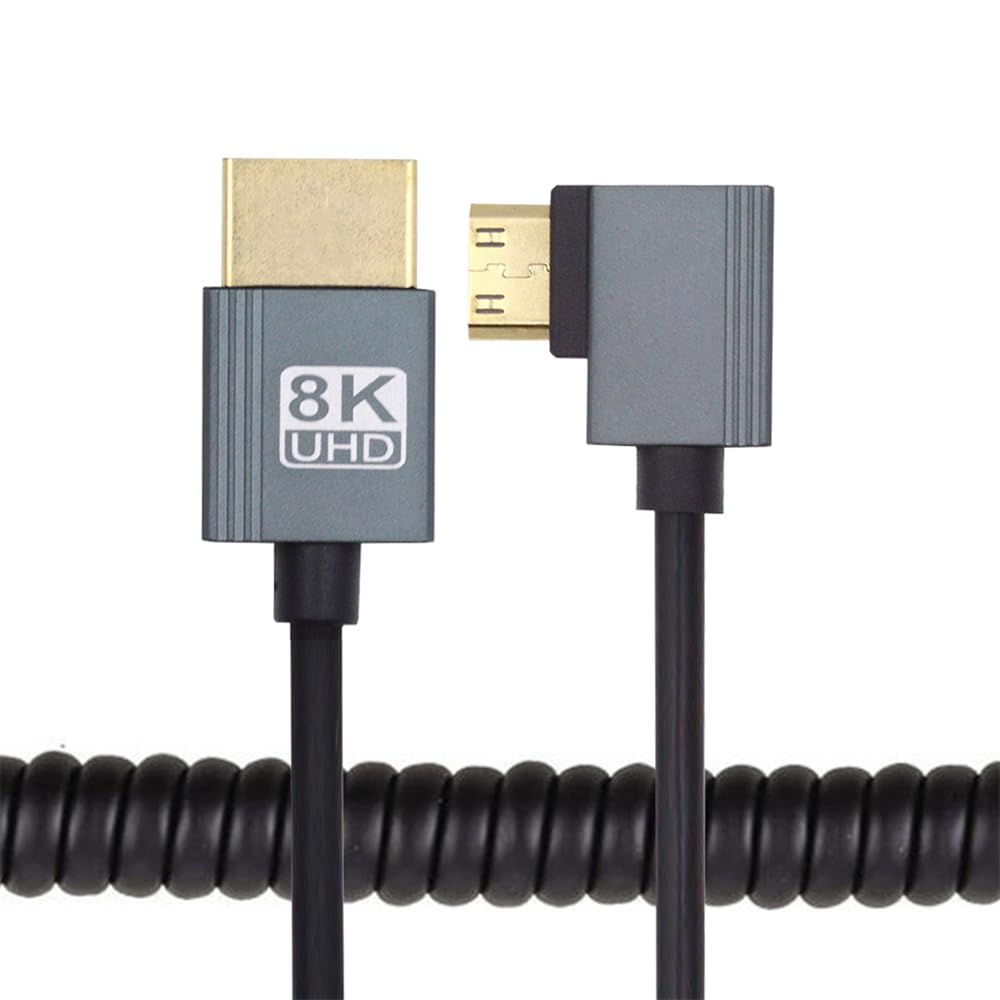Xiwai Прямоугольный Мини HDMI Мужской к HDMI Мужской 90 градусов 8K 60 Гц Растягивающийся спиральный кабель 100 см для HDTV Компьютера Ноутбука Монитора 2.1