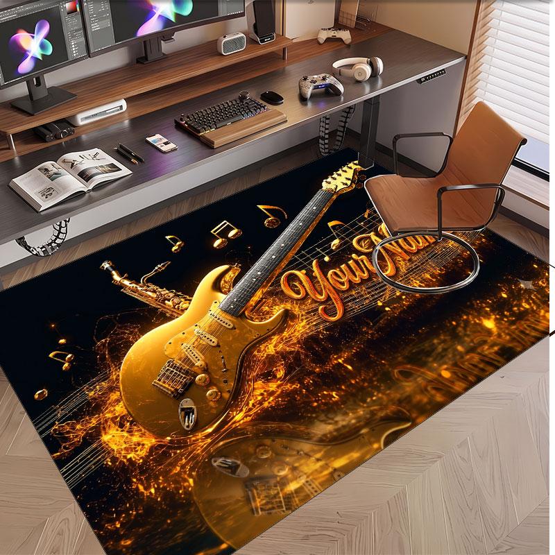 Music Guitar Theme Soft Crystal Velvet Rug Custom Name & Text Print Non Slip Floor Rug for Bedroom Living Room
