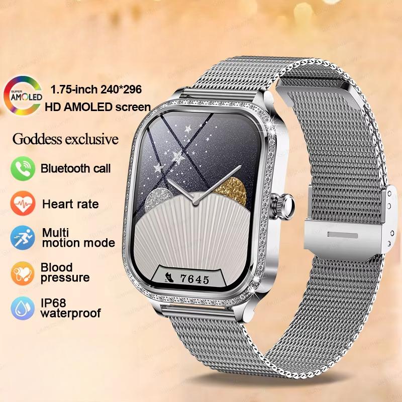 Fashion New Women Smart Watch AMOLED Curved Screen IP68 Waterproof Voice Bluetooth Call Heart Rate Blood Pressure Monitor Health Smartwatch