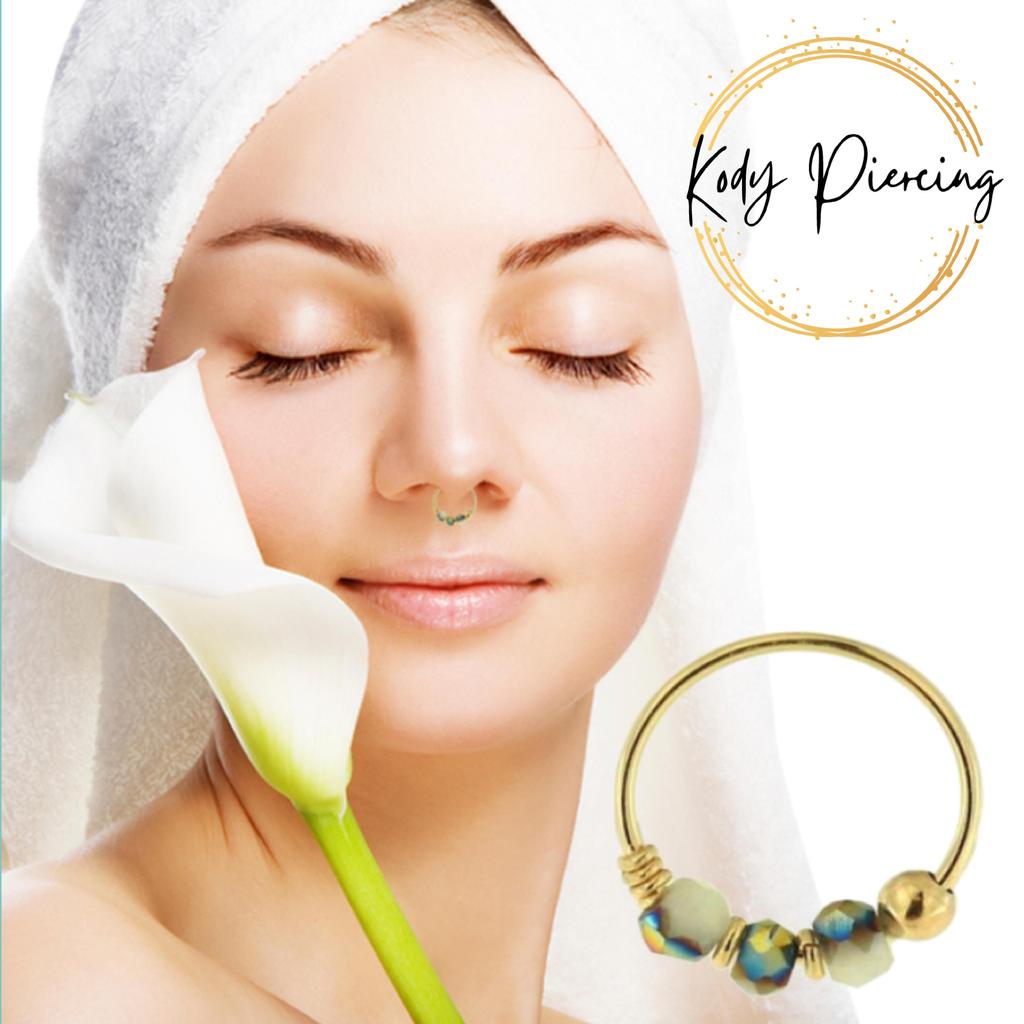 KODY PIERCING 9k Gold Nose Ring Light Pearl Gray Porcelain Beads - Quality Piercing