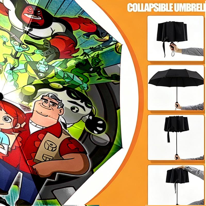 Custom Name Personalized Ben 10 Cartoon Print Umbrella, Auto Open Close, 8‑Rib Sturdy Frame, Commute Camping Hiking Use, Birthday Gift