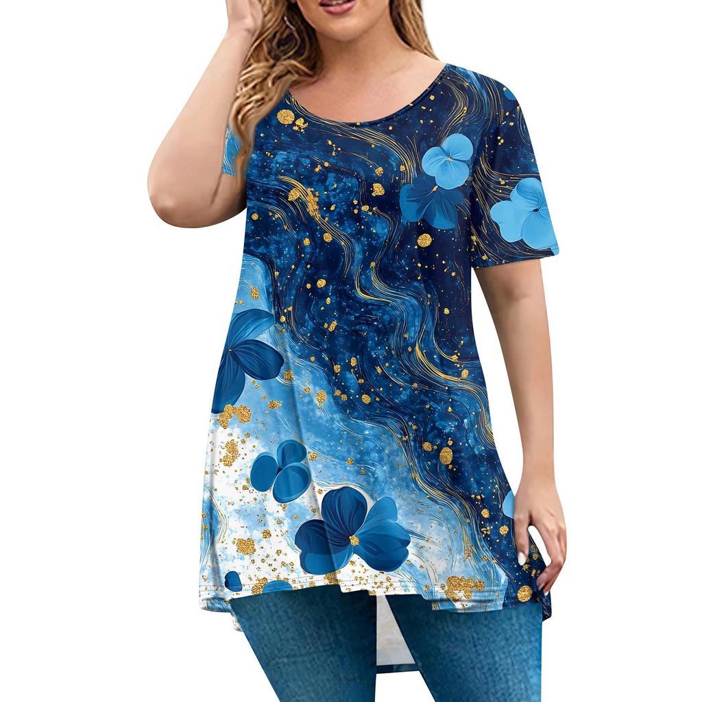 Женская мода большого размера с круглым вырезом и коротким рукавом, повседневный свободный пуловер с принтом
