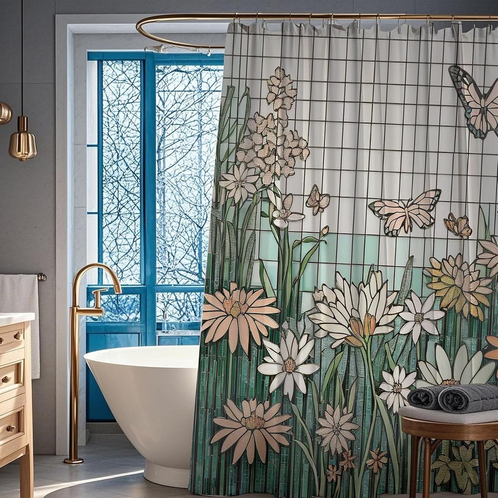 Витражная Цветочная Бабочка Комплект Штор для Ванной Абстрактная Геометрическая Эстетика Ромашка Весенний Цветок Шторы для Ванной Ботанический Pla