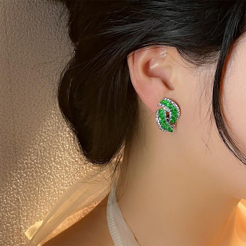 Temperament Emerald Exquisite Niche Design Diamond-Encrusted Geometric Earrings Trendy Light Luxury High-End Stud Earrings